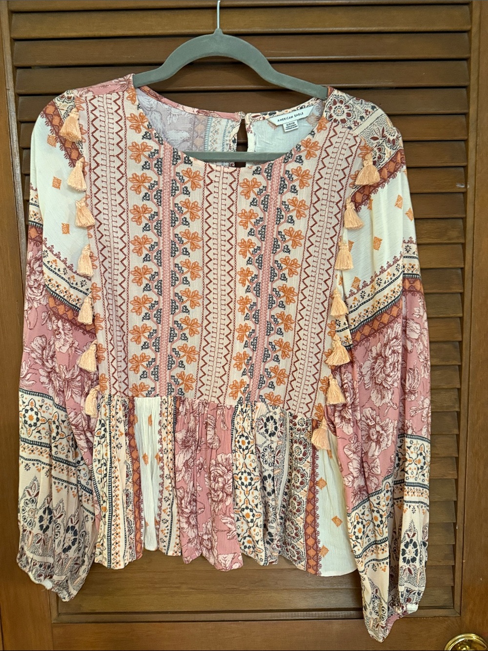 American Eagle Outfitters Pink and Cream Boho Tassel Long Sleeve Top